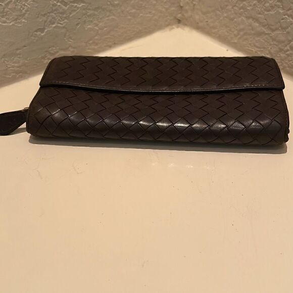 Bottega Veneta Nappa Intrecciato Zip Around Wallet Dark Brown Woven Leather - Picture 12 of 13